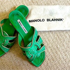 Green leather ethnic inspired Manolo Blahnik flats w/ original dust-bag.